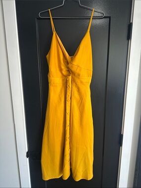HYFVE Mustard Yellow Button-Front Spaghetti Strap Midi Dress